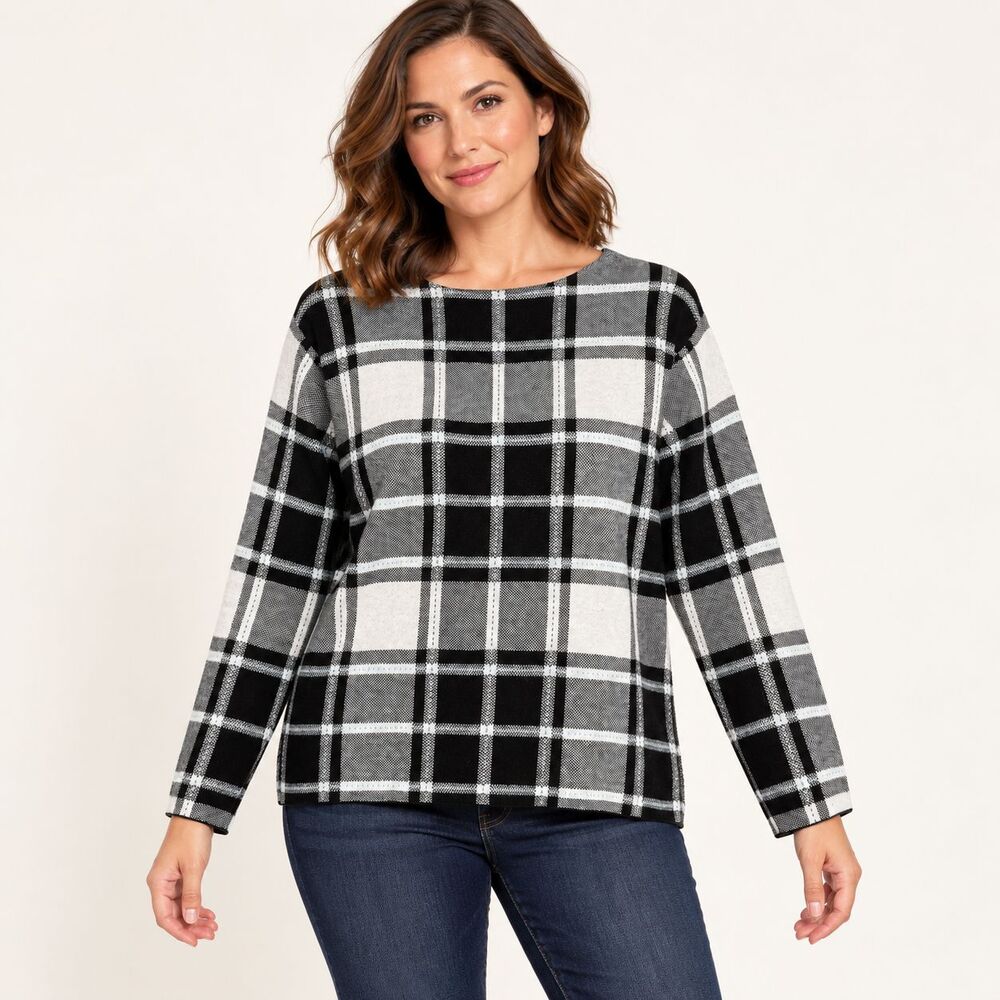 J Jill Pullover Sweater Women's Medium Black White Windowpane Plaid Check Cotton